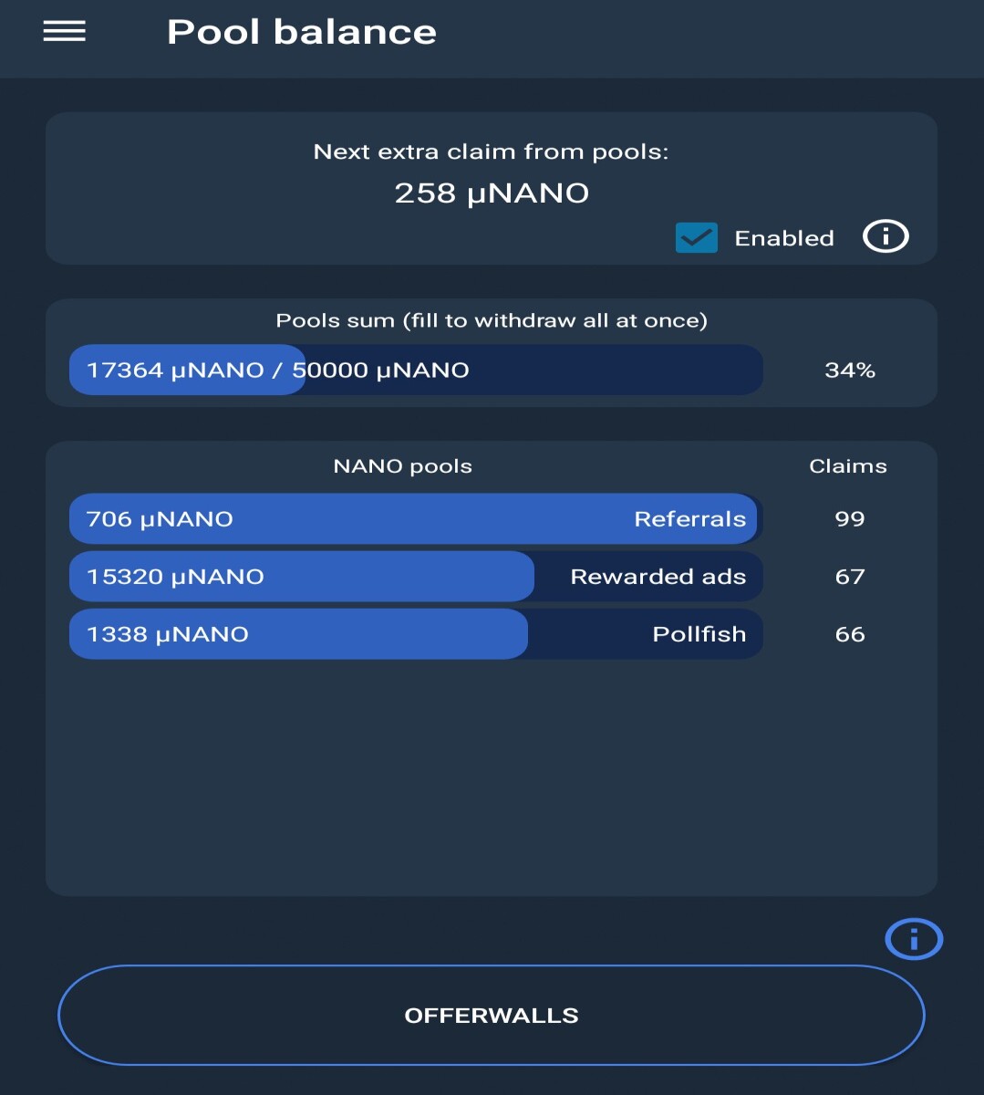 Screen shot of Pool Balance screen - TipNano