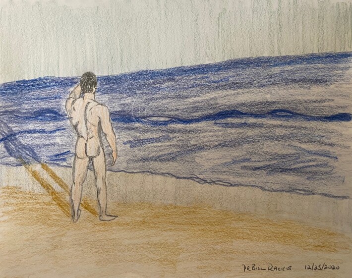 Man on beach - Drawing in pencil and colored pencil