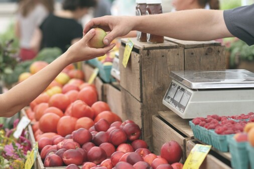 a man handing an apple to another person