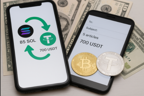 Dos celulares muestran una operación de venta de SOL por USDT y el pago de 700 USDT por artículos, con monedas cripto sobre billetes de dólar.