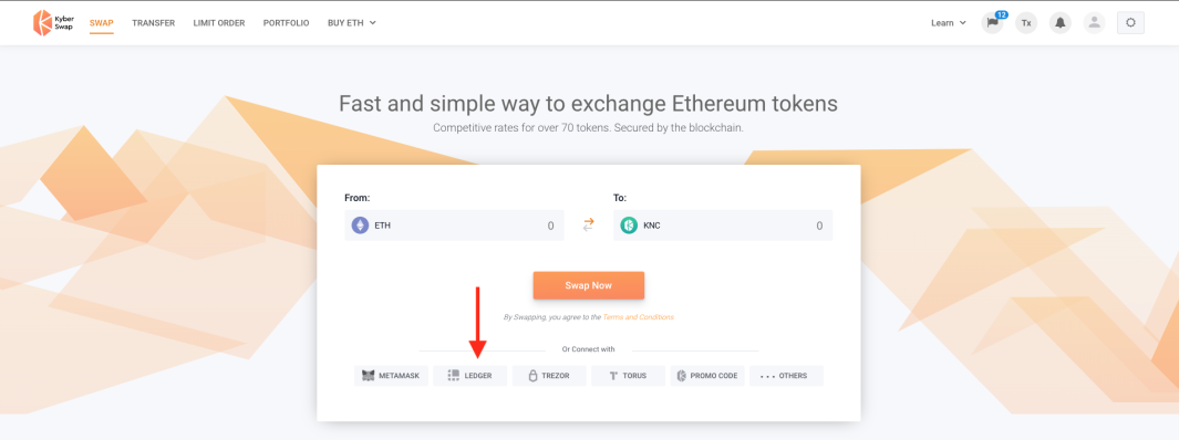 The Kyber Swap login interface