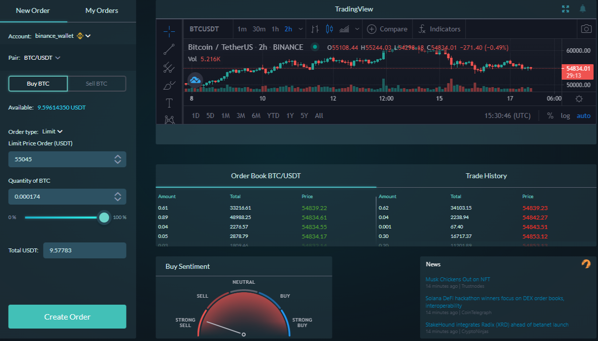 UpBots manual trading dashboard
