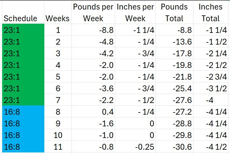 intermittent fasting schedule, with pounds and inches lost