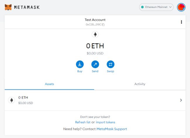 Metamask home screen