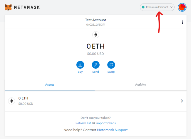 Metamask home screen