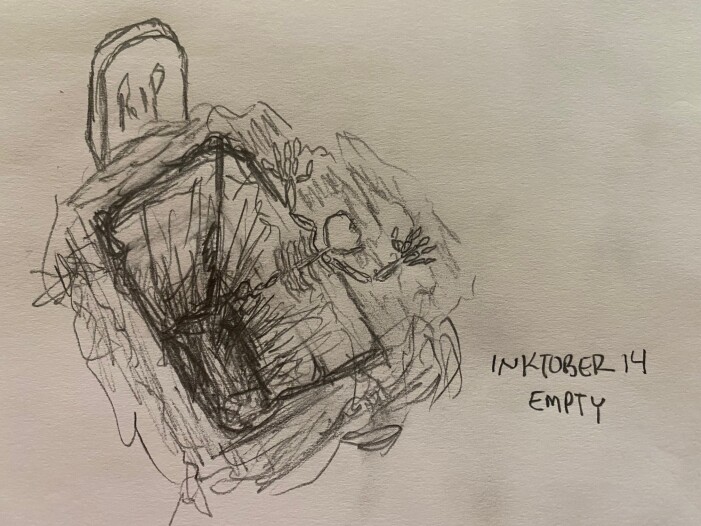 Open grave with skeleton crawling out - pencil