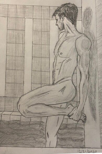 Nude man leaning against pillar near indoor swimming pool - drawing in pencil