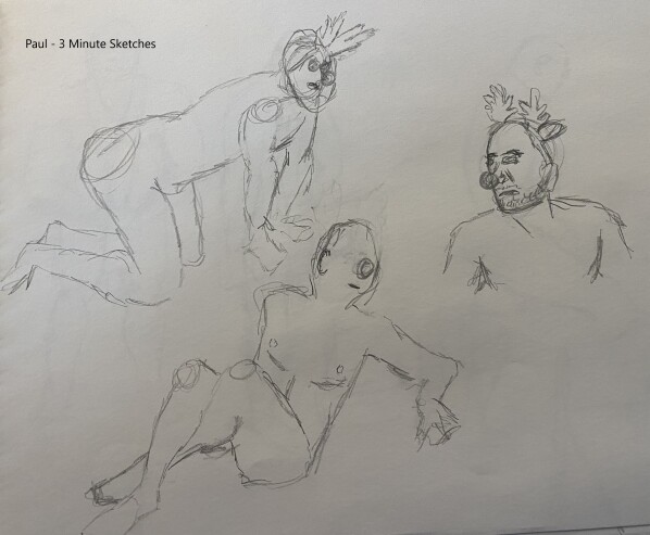 Paul in three poses, wearing reindeer nose and antlers - pencil sketches