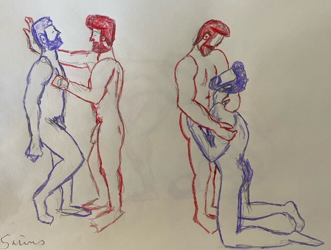 Ahmad and Joe in two poses - colored pencil drawings