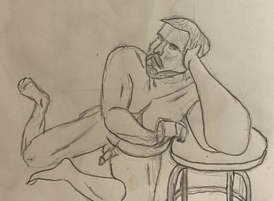 Paul leaning his elbow on a stool - 10-minute timed pencil sketch