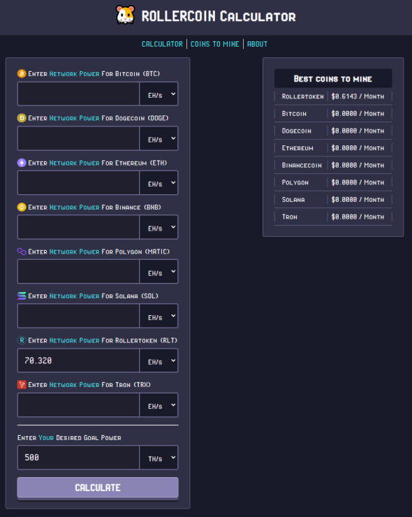 RollerCoin - Calculator