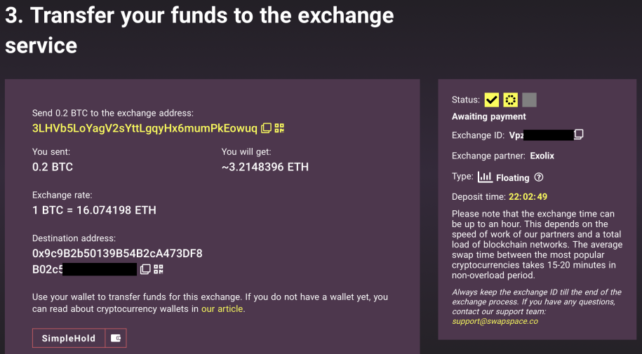 Transfer your funds to the exchange service and keep exchange ID
