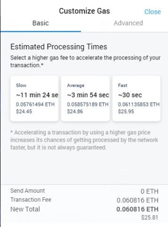 Gas Price example on a 1 eth transaction in Meta-mask Wallet