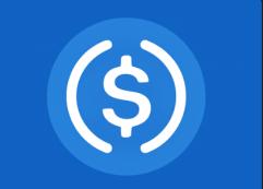 A digital vector image features the USD Coin (USDC) logo on a vibrant blue background. The logo displays a bold white dollar sign enclosed in a circular symbol with curved arrows