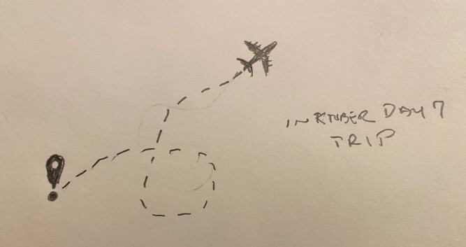 stylized jet plane icon trailing dashed line from origin icon - pencil