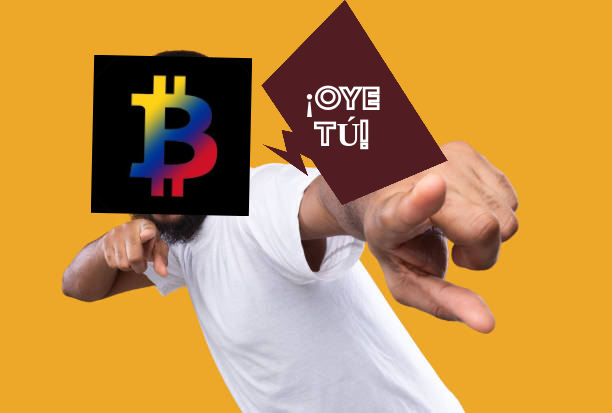hombre senalando al espectador y diciendo ¡oye tu! con el logo de cryptocolombia cubriendole la cara.cryptocolombia