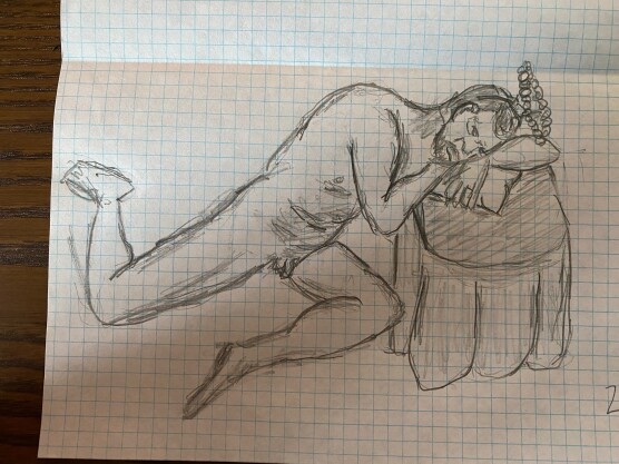 Figure of a man with halo headband napping - drawing in pencil