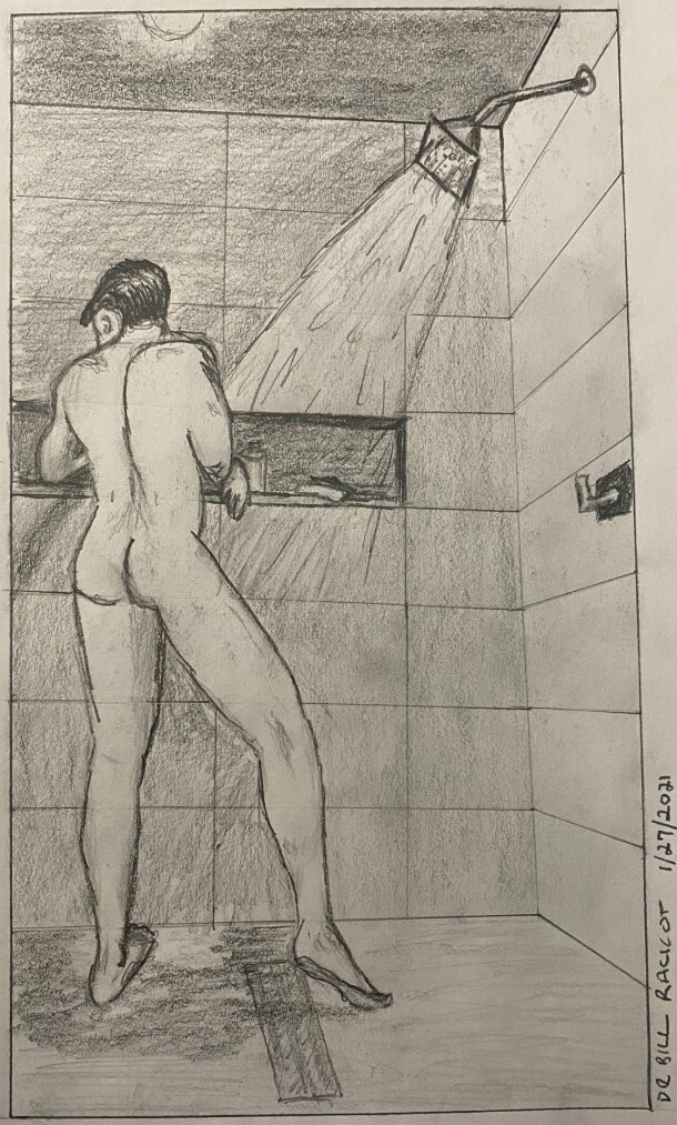 Man taking a shower - pencil drawing
