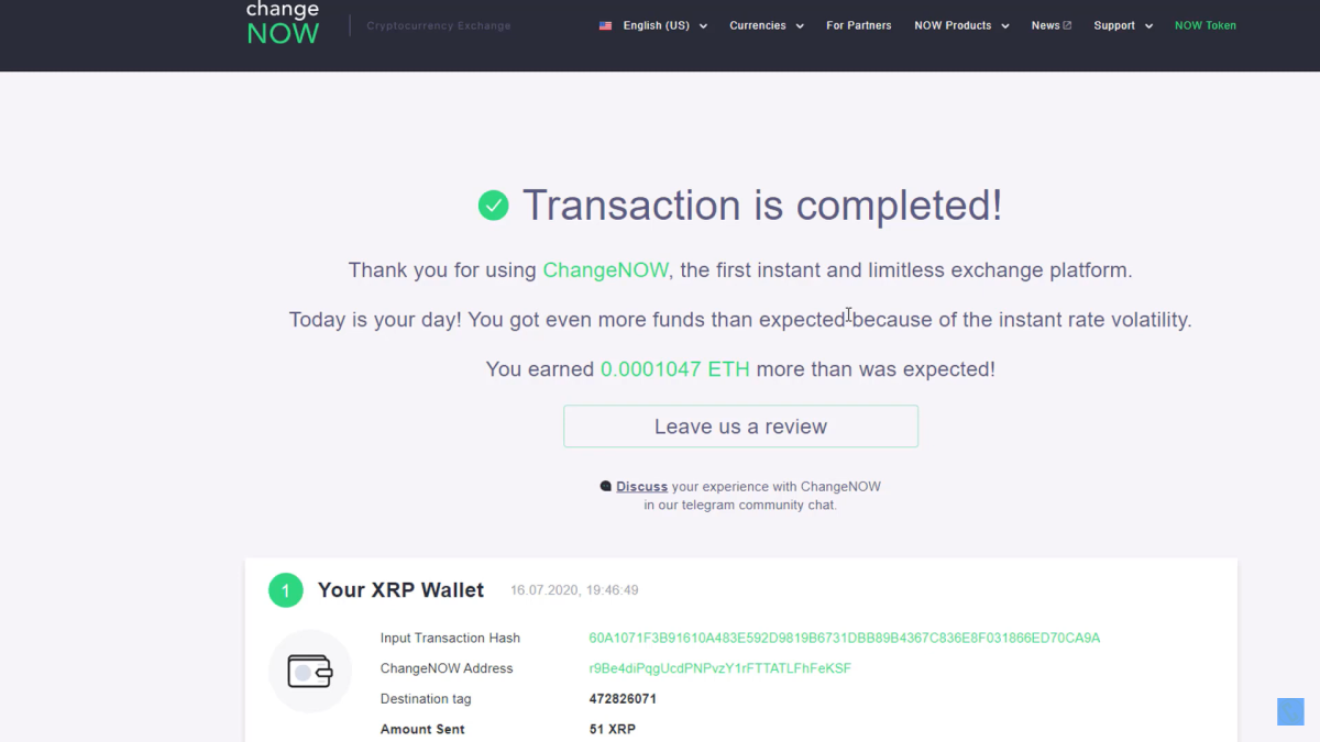 Transaction Completed At ChangeNOW