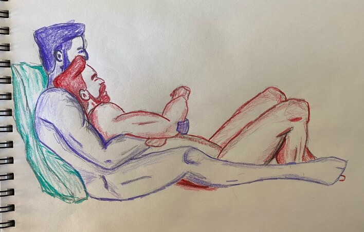 Joe and Ahmad reclining together - colored pencil drawing