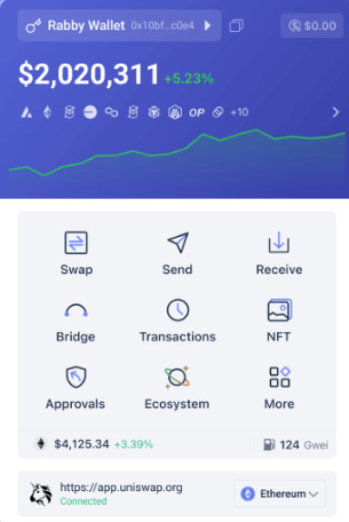 Rabby Wallet user interface showing DeFi tools like Swap, Bridge, NFT, and transaction tracking with no KYC