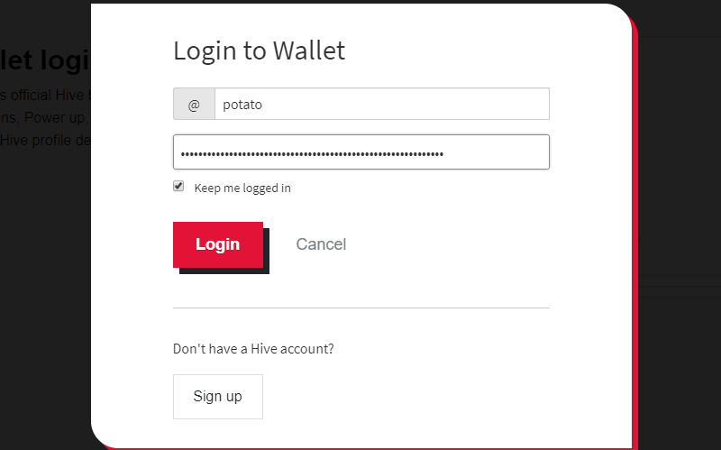 Image of Hive Wallet's Login Form