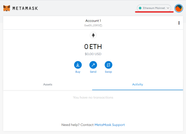 Metamask home screen