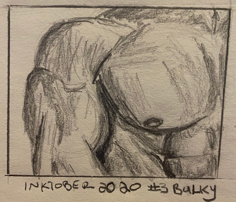 Muscular man's arm and chest, pencil drawing revised