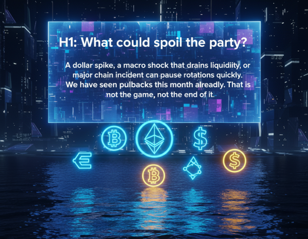 Card summarizing risks to rotations: dollar spike, liquidity shocks, or major chain incidents with crypto icons