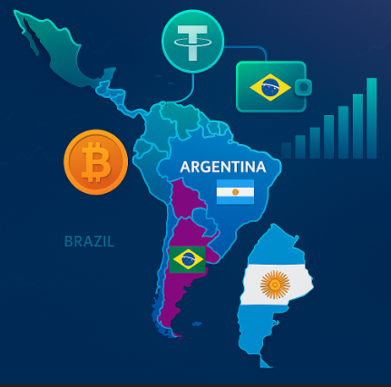 Mapa digital de América Latina con Argentina y Brasil resaltados, junto a íconos de Bitcoin, Tether, billetera virtual y gráfico de crecimiento.