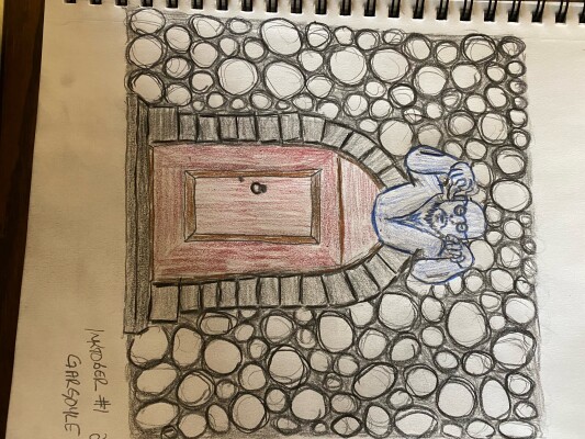 Stone wall with gargoyle above wooden door - colored pencil