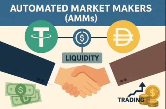 A flat-style digital illustration titled “Automated Market Makers (AMMs)” shows a handshake between two figures symbolizing a liquidity agreement. Above the handshake, stablecoins USDT and DAI connect to a central liquidity icon, while arrows indicate trading activity and rewards