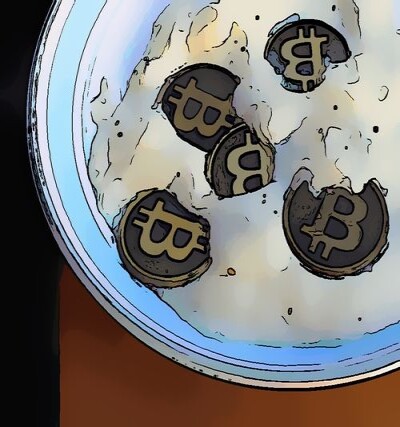 A cartoon rendering of a photo of bitcoins in a bowl of gravy.