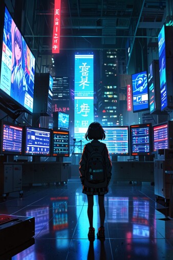 Girl Surrounded by Screens