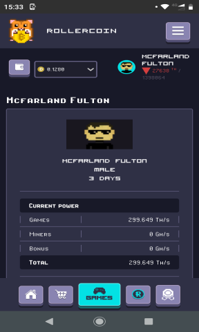 My current Rollercoin profile after 3 days.