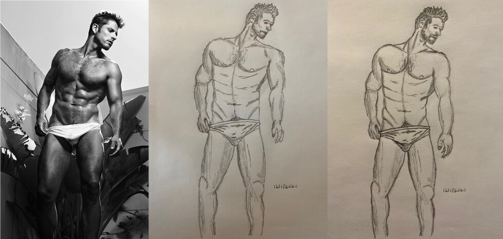Triptych of Actor James Roday Rodriguez: photo and drawings in pencil