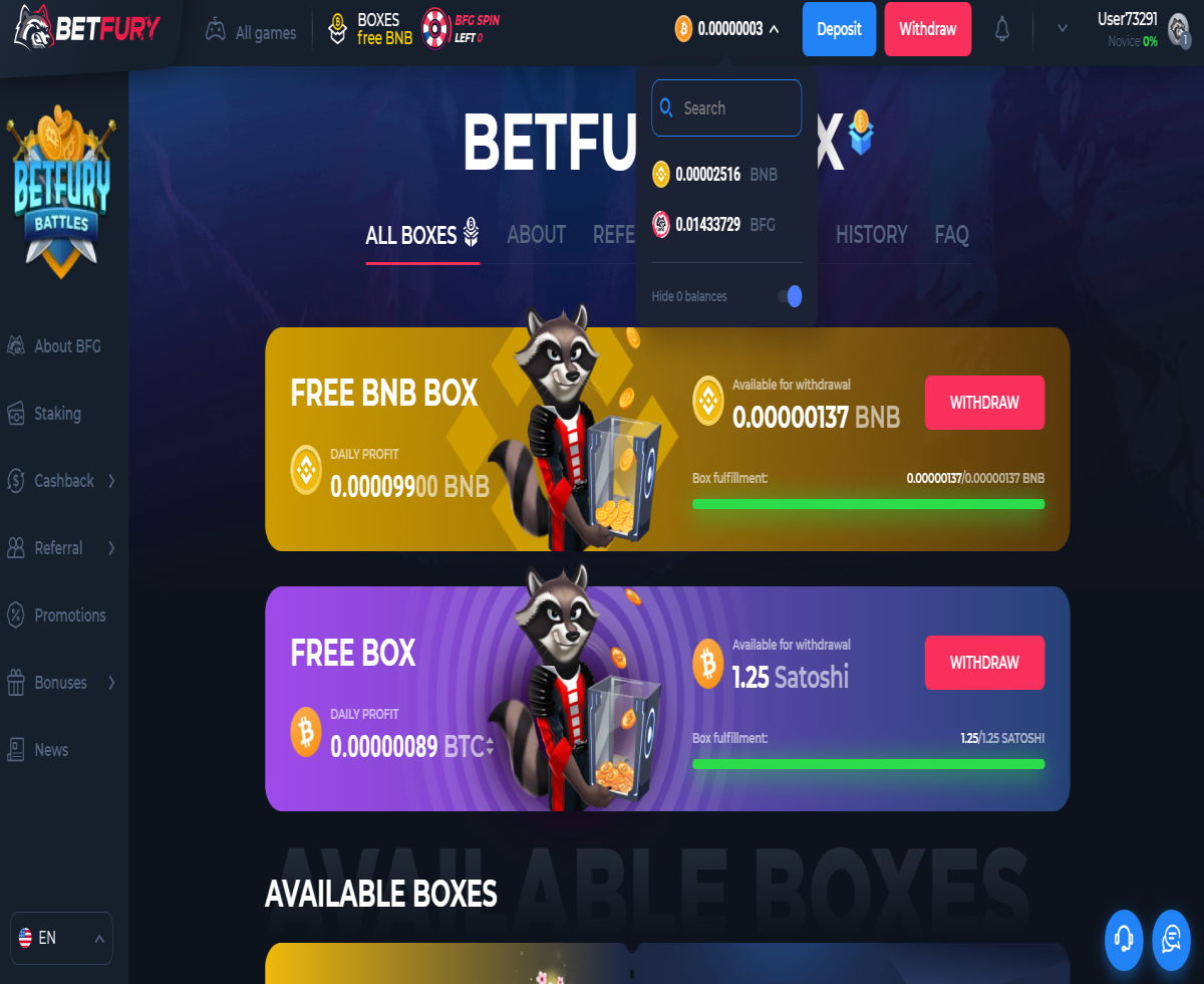 Screenshot of my 'boxes' page with currency-dropdown showing balances