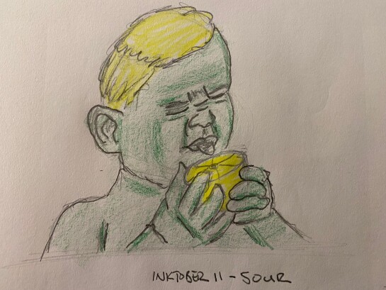 Baby eating a lemon - pencil and colored pencil