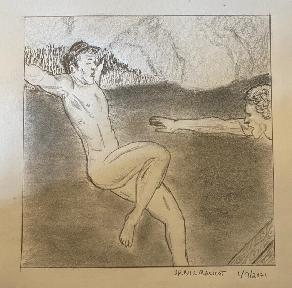 Man being pushed into lake - pencil drawing