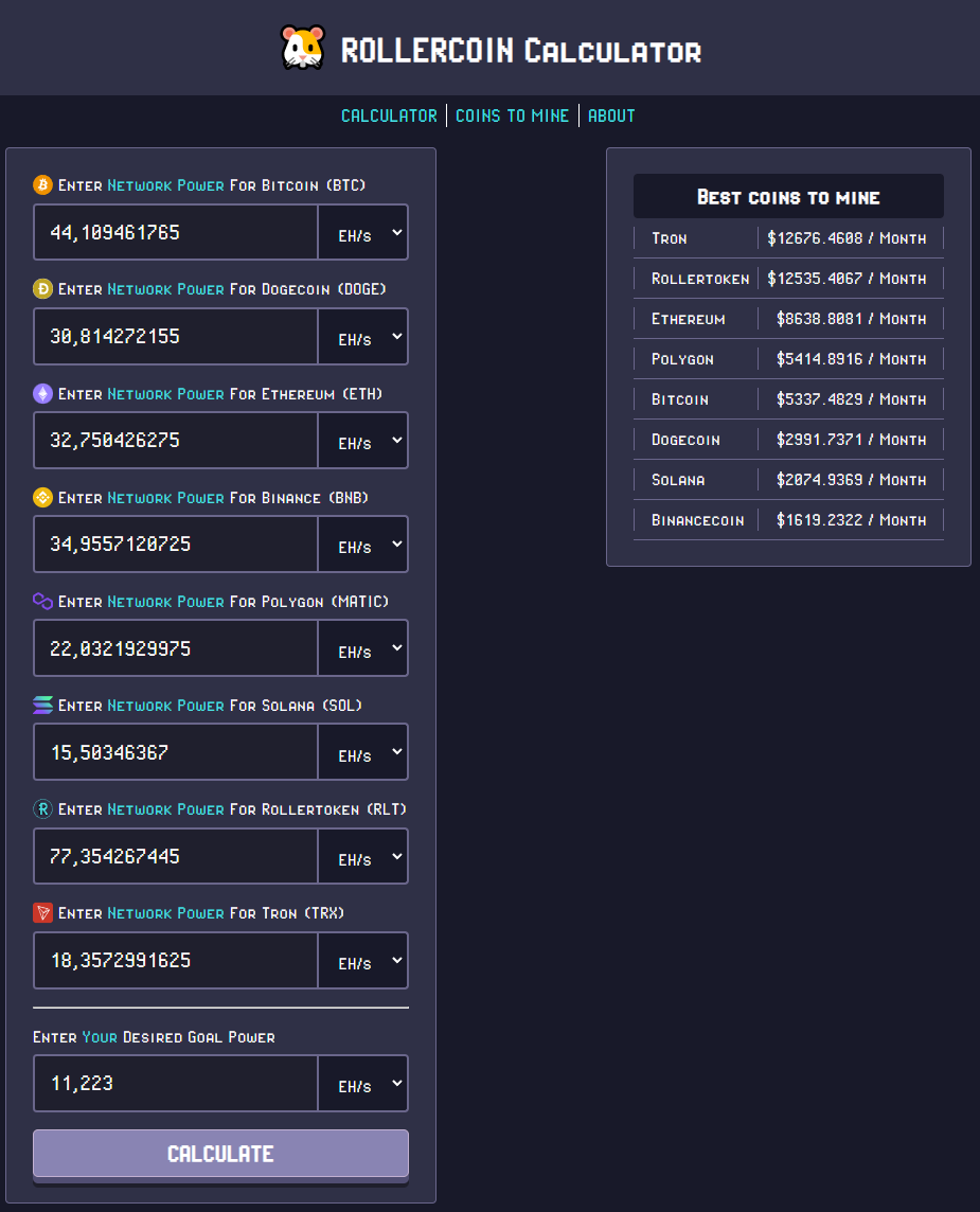 RollerCoin Calculator - Top Miner 75%