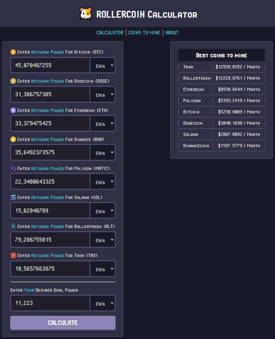 RollerCoin Calculator - Top Miner 25%