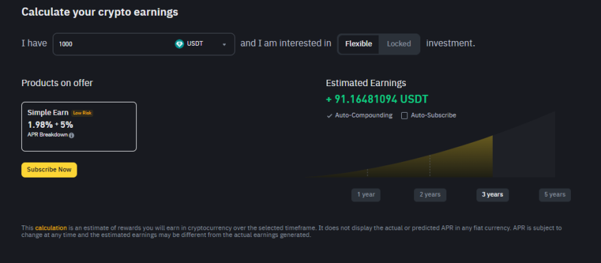 Binance Simple Earn calculator showing estimated earnings of $91.16 USDT over 3 years with $1,000 deposit at 1.98% APR