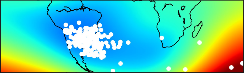 Increased occurrence of radiation-induced technical satellite failures of the Swarm satellites (white spots) in the region of the geomagnetic South Atlantic Anomaly (blue color = reduced field intensity) between April 2014 and June 2017. Credit: I. Michaelis, GFZ