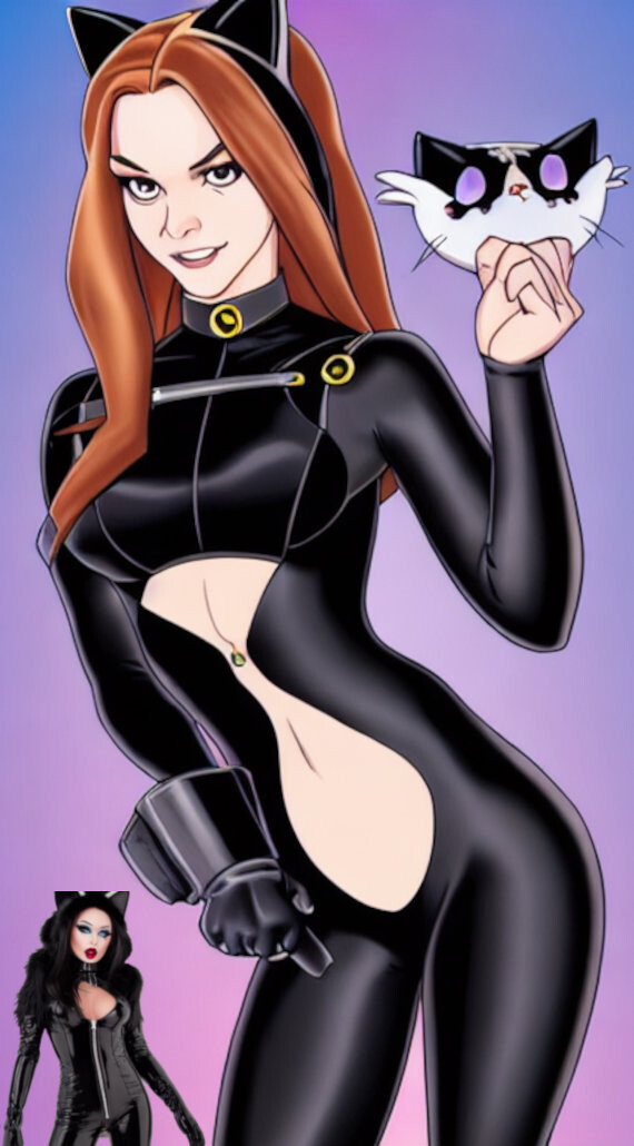 Tori Black X Emma Watson as Kim Possible in a black catsuit, gloves and cat ears, with Watermark
