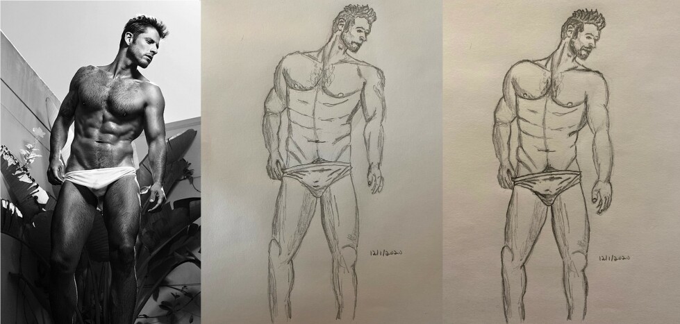 Triptych of Actor James Roday Rodriguez: photo and drawings in pencil