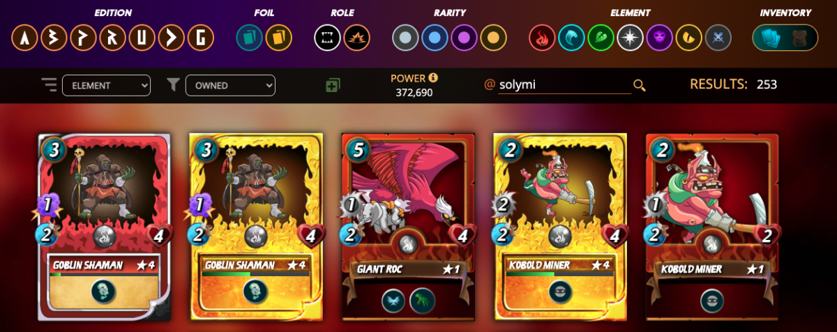 User interface on splinterlands card management page