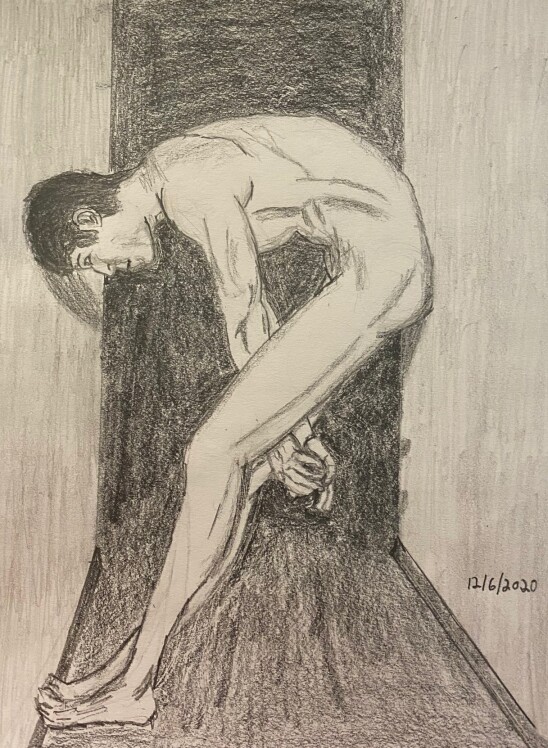 Nude man resting head on one wall of narrow hallway, butt on the other wall - drawing in pencil