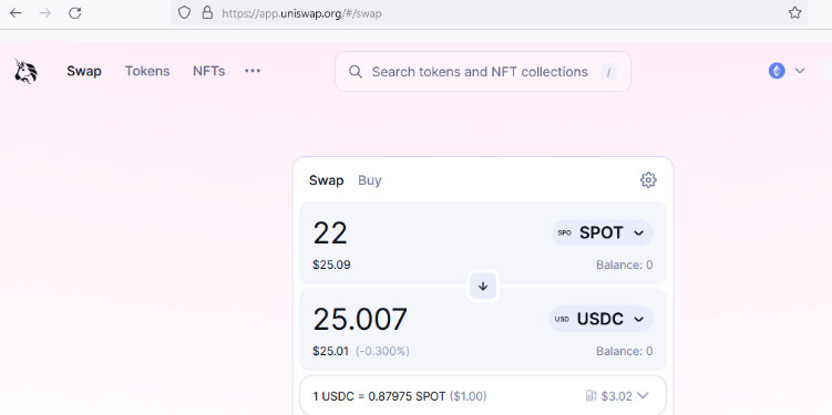 Converting SPOT to USDC in Uniswap