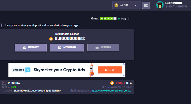Proof of payout for BTC