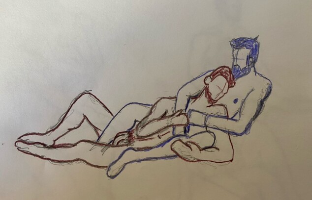 Ahmad and Joe reclining - 10 minute timed sketch, pencil with colored pencil outlining